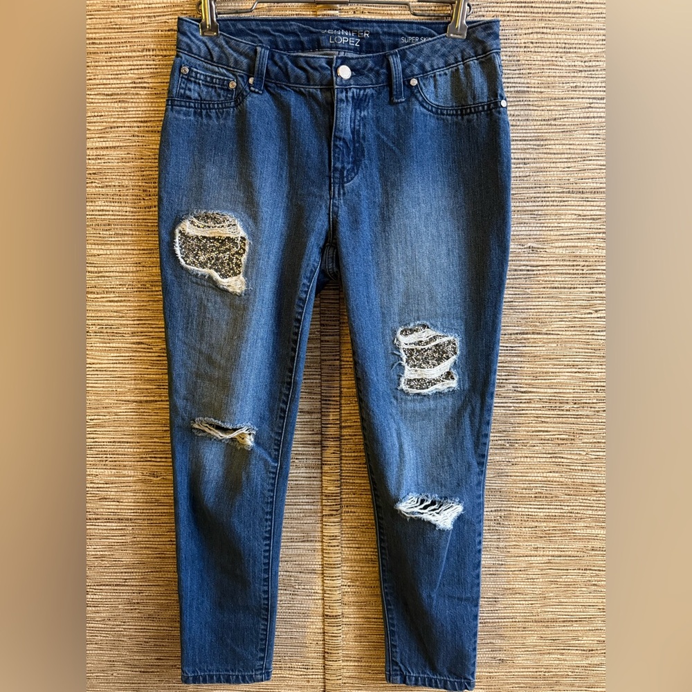 Jennifer Lopez Y2K Jeans Size 2 Super Skinny Cropped Rhinestone Patch Distress